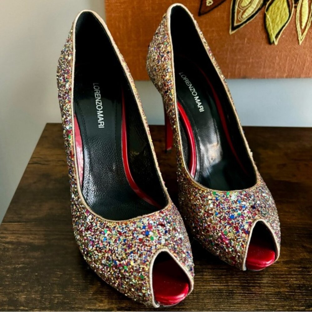 Lorenzo Mari| Rainbow Glitter 4.5” Red Heeled Open Toe Pumps Size 10 🎉PARTY🎉